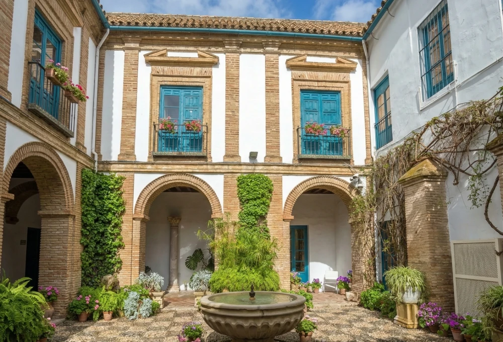 Patio andaluz con fuente central, plantas, balcones con flores y arcos de ladrillo.