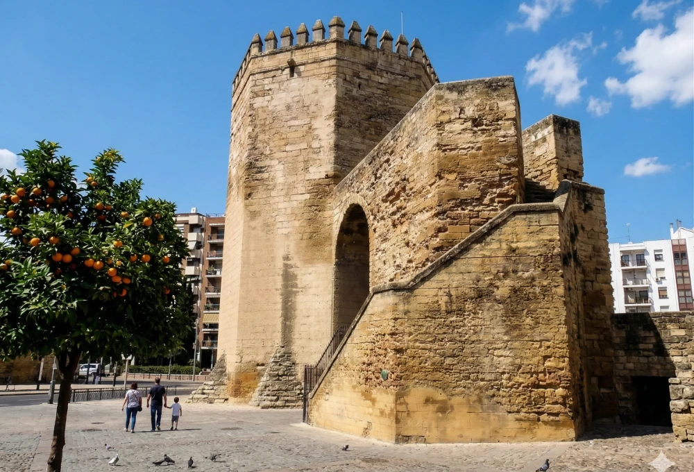Torre de piedra antigua con escalinata, un naranjo, y personas caminando cerca. Cielo azul claro.