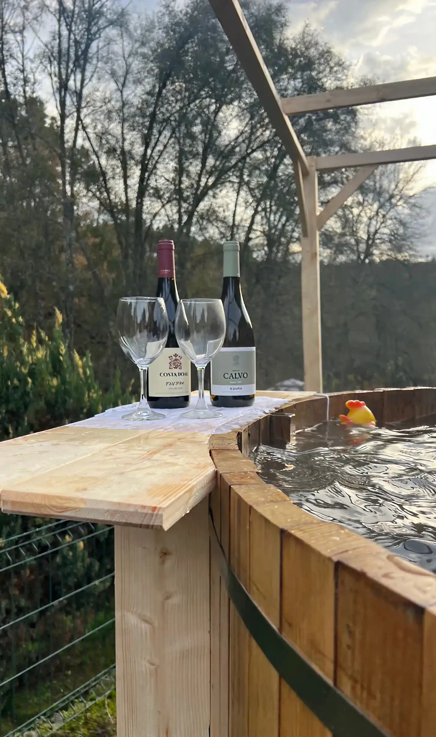 Duas ta&ccedil;as e vinho em uma mesa ao lado de ofur&ocirc; com patinho na &aacute;gua.