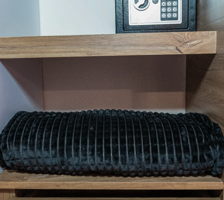 Coj&iacute;n negro en repisa de madera con caja fuerte encima.