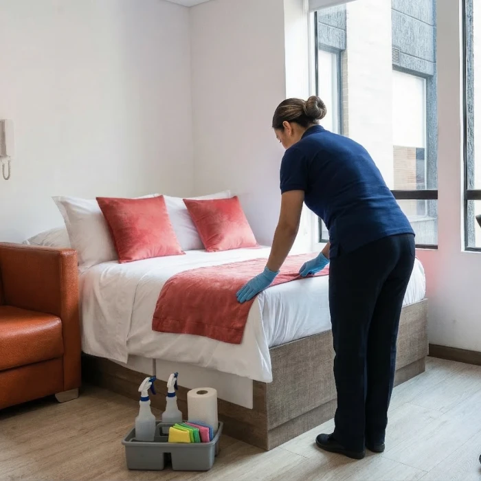 Persona arreglando una cama con guantes azules en una habitaci&oacute;n luminosa.