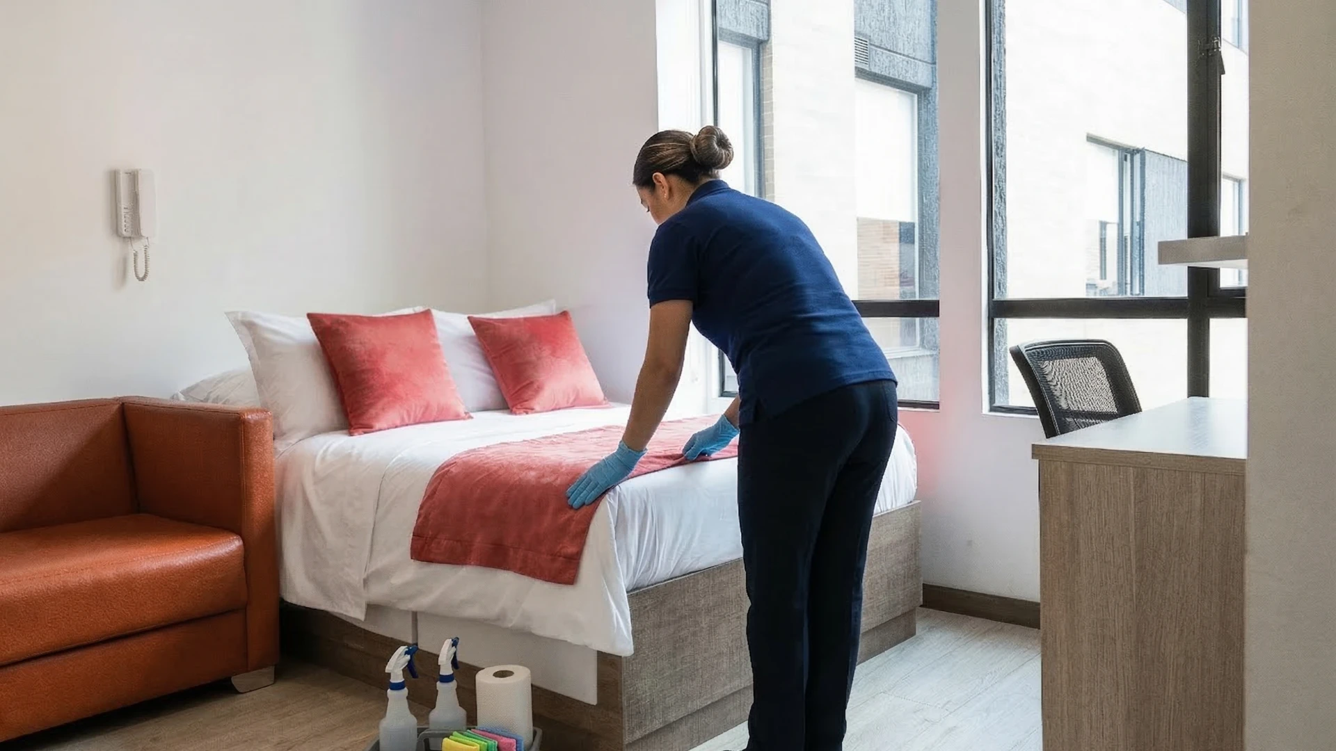 Persona limpiando una habitaci&oacute;n con sof&aacute;, escritorio y ventana grande.