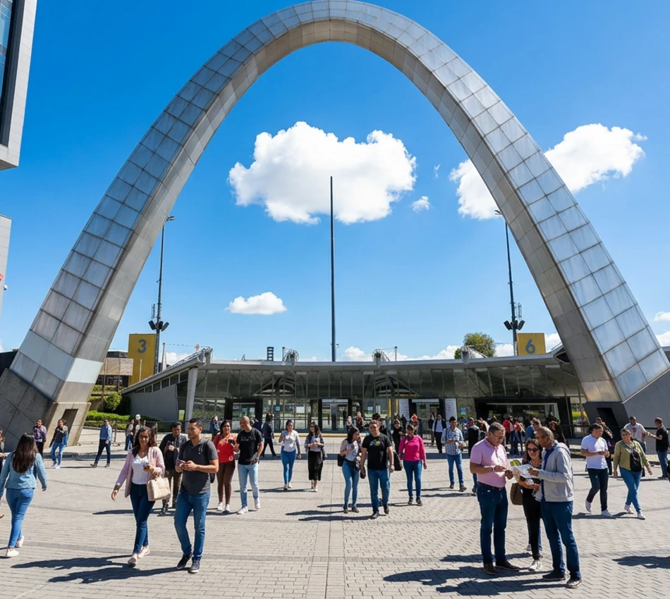 Grupo de personas bajo un gran arco met&aacute;lico al aire libre.