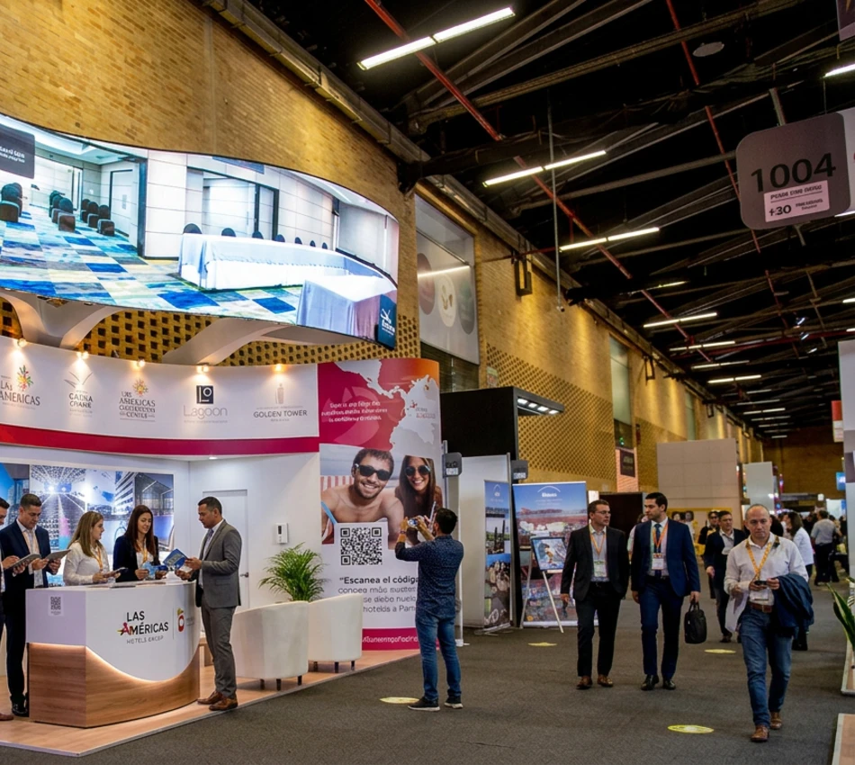 Exhibici&oacute;n en un recinto ferial con personas interactuando en un stand.