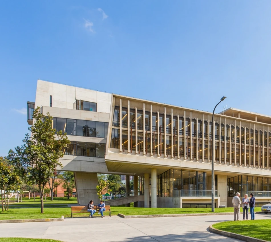 Edificio moderno con ventanales, personas conversan en un &aacute;rea verde.