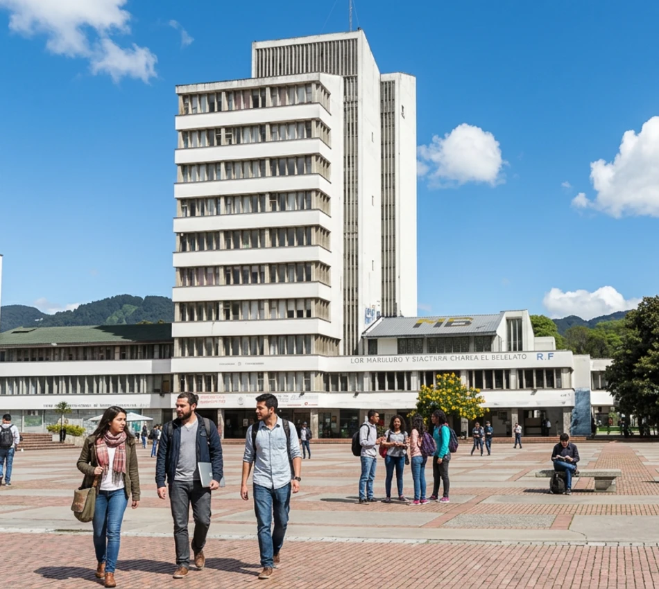 Edificio con personas caminando en una plaza, cielo azul y monta&ntilde;as al fondo.
