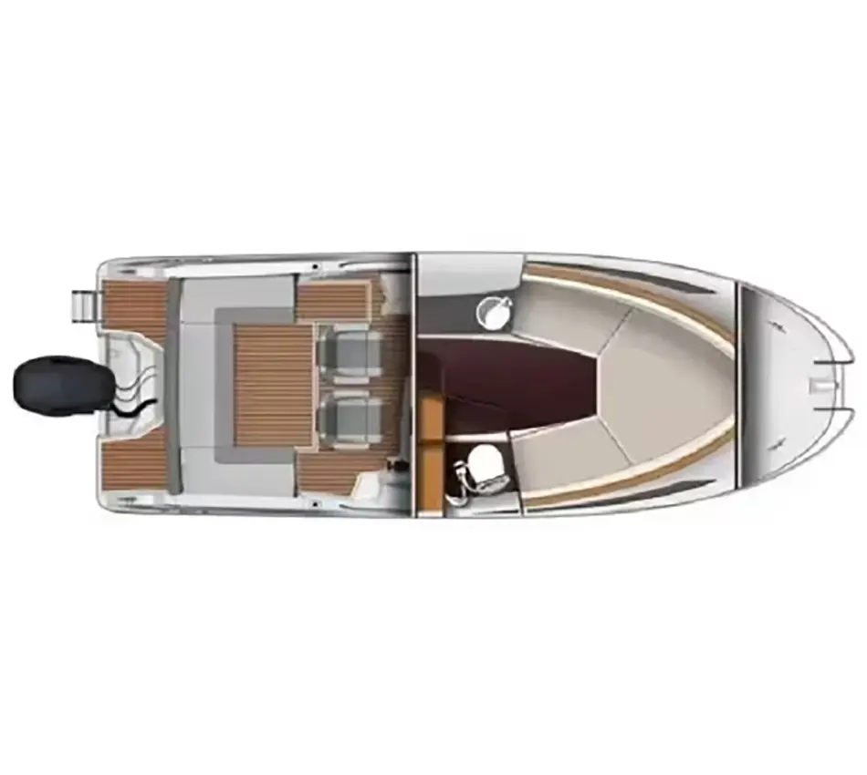 Dibujo de la vista superior de un dise&ntilde;o de embarcaci&oacute;n con cabina y motor.