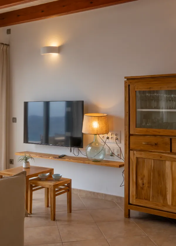 Sala de estar con televisor, l&aacute;mpara y mueble de madera.