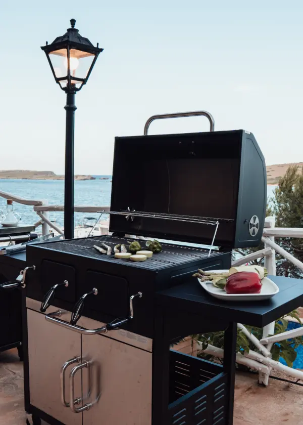 Una parrilla al aire libre con vegetales y vista al mar.