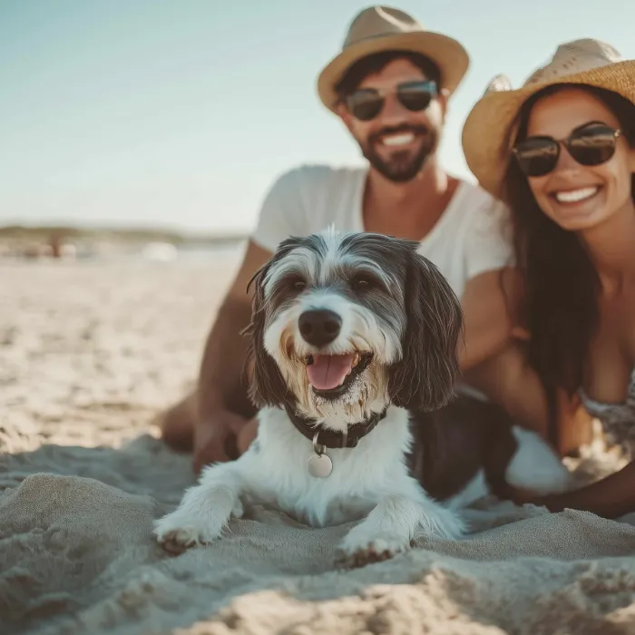 Pareja sonriente con perro en la playa.
