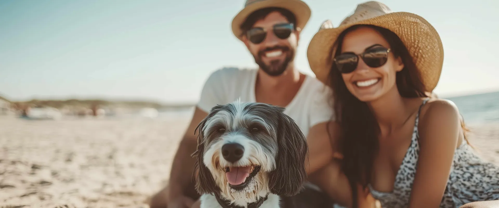 Pareja sonr&iacute;e con su perro en la playa, todos llevan sombreros.