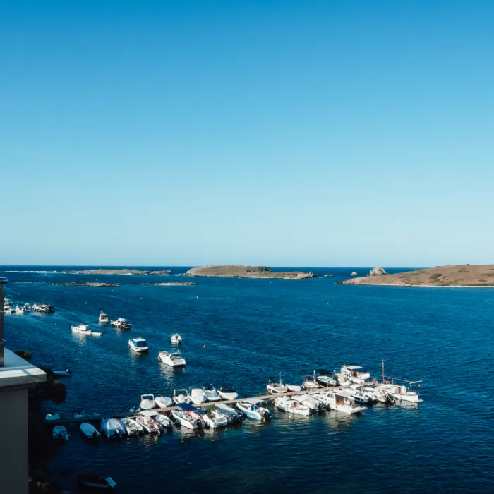 Botes amarrados en un muelle, con islas al fondo y cielo despejado.