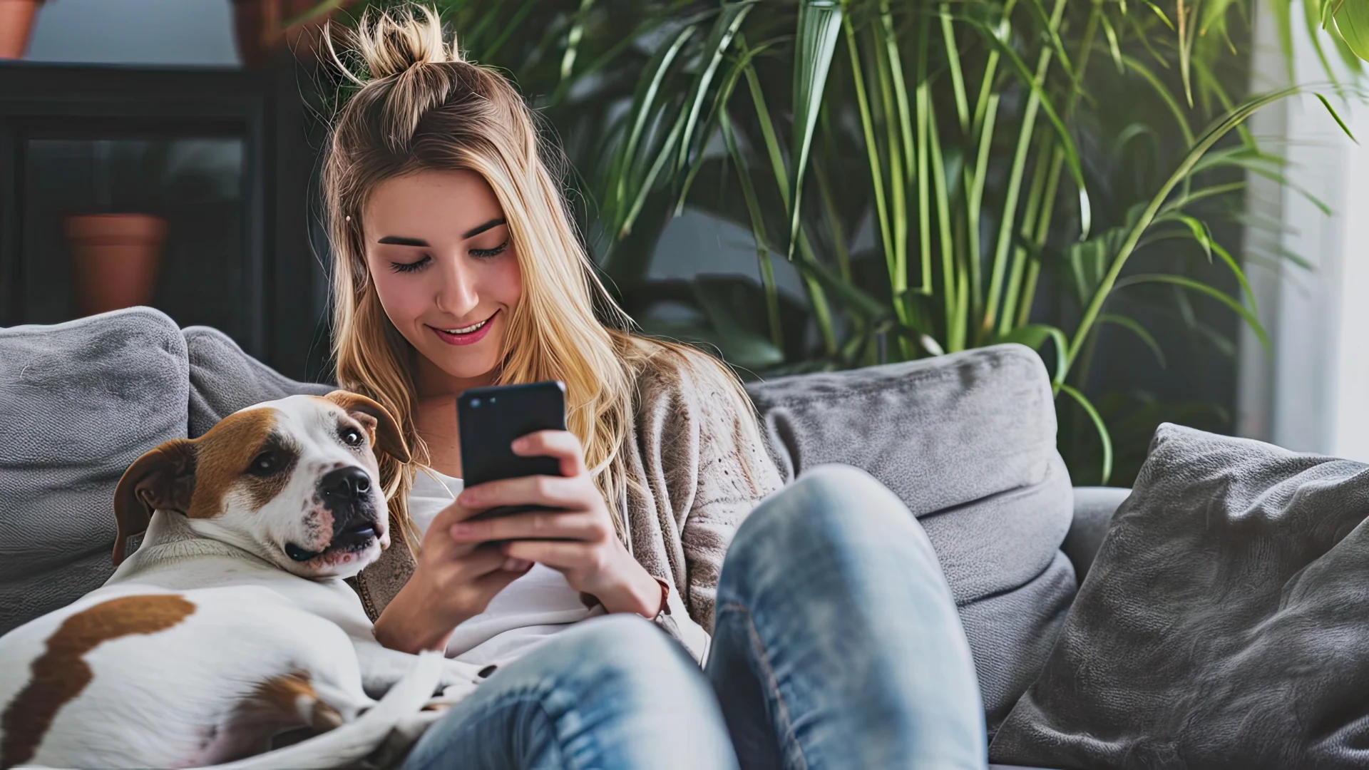 Mujer sonriente con perro mirando su tel&eacute;fono en el sof&aacute;.