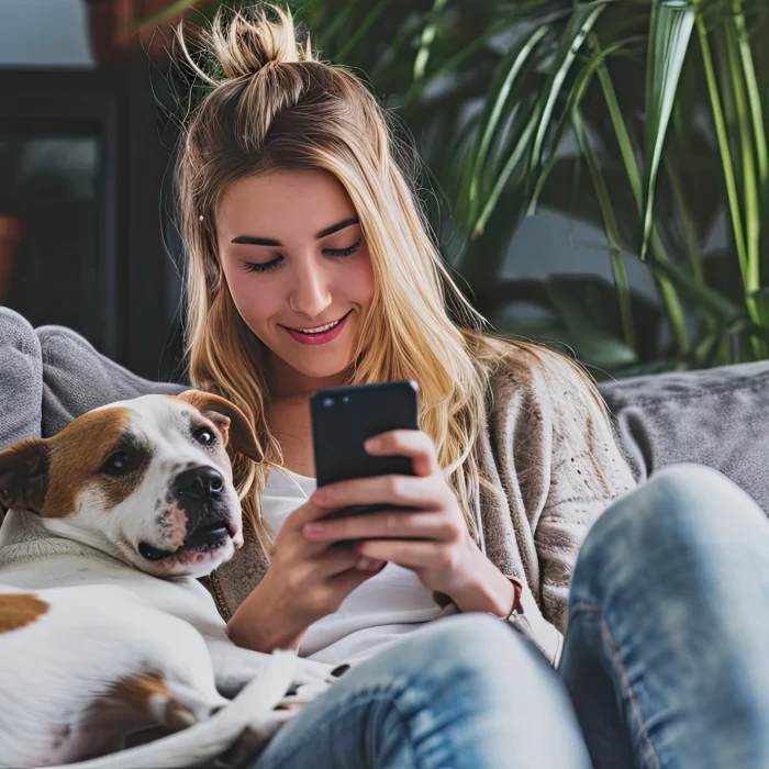 Una mujer sonr&iacute;e mirando su tel&eacute;fono, con un perro en su regazo.