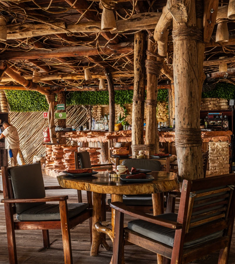 Rustic restaurant interior with wooden furniture and a tree-styled ceiling.