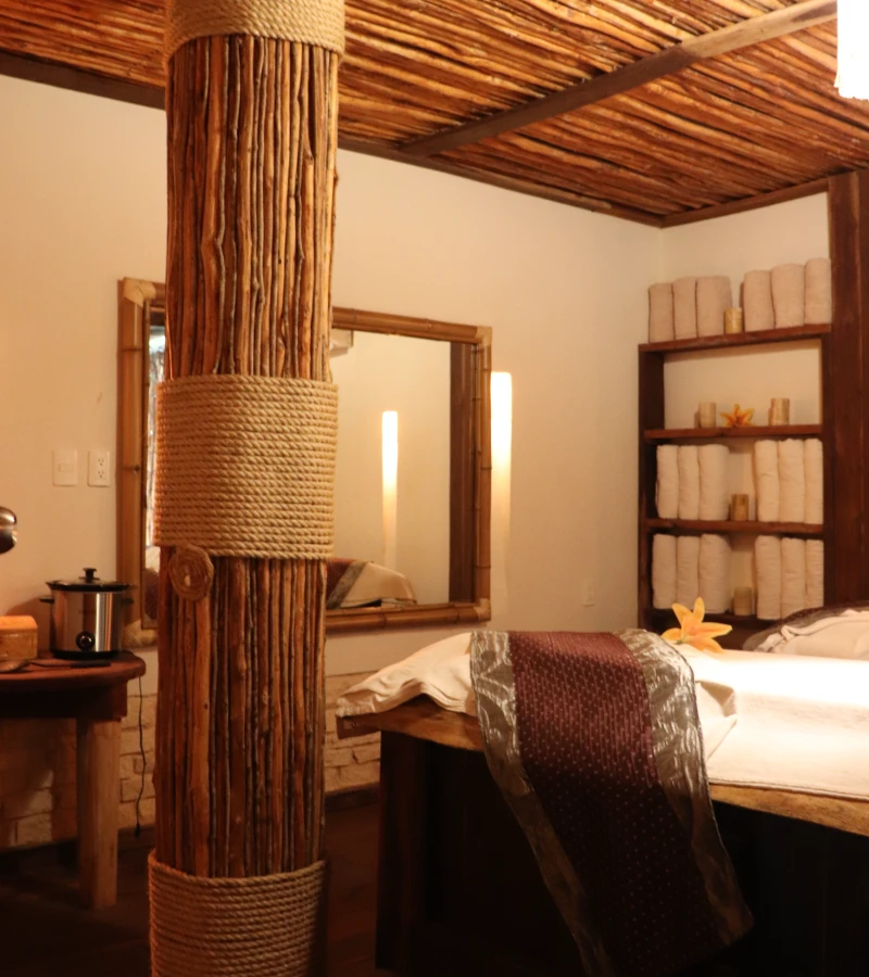 Cozy spa room with massage table and warm wooden decor.