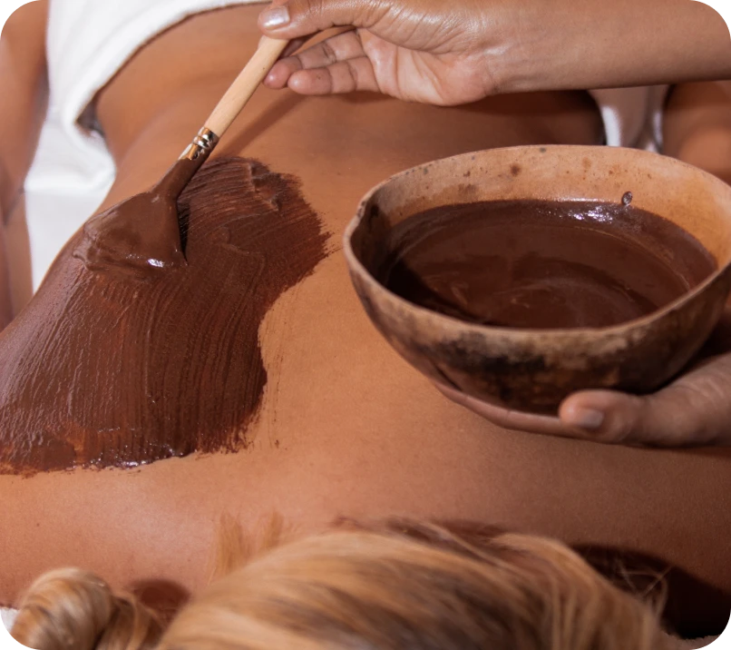 Applying chocolate body mask with a brush during a spa treatment.