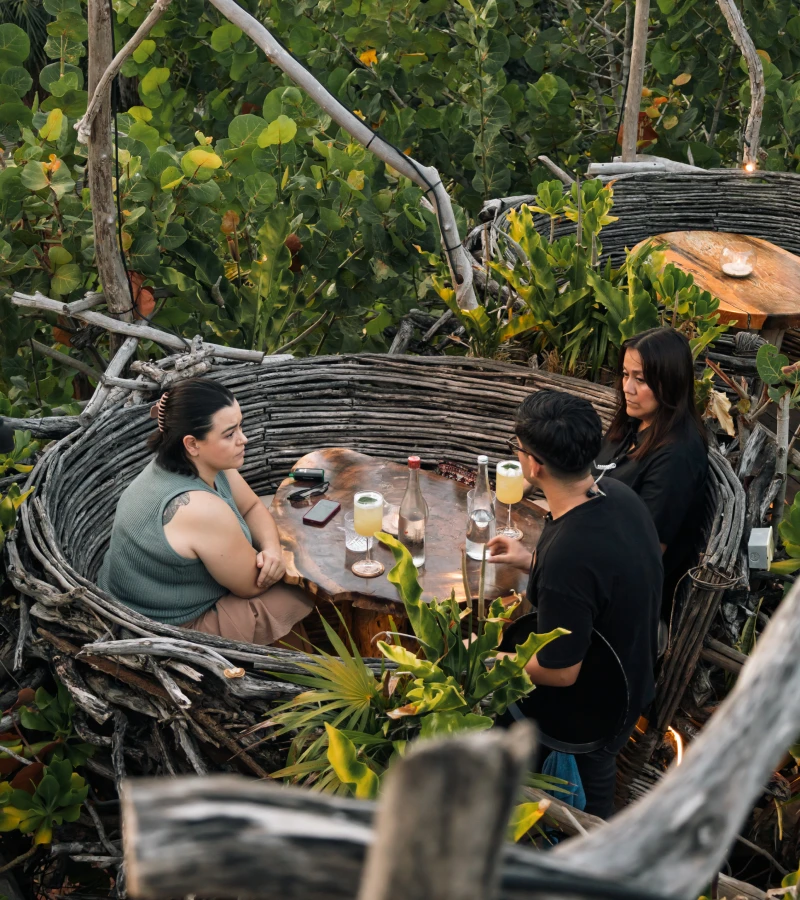 Three people sit at a round table in a nature-inspired setting.