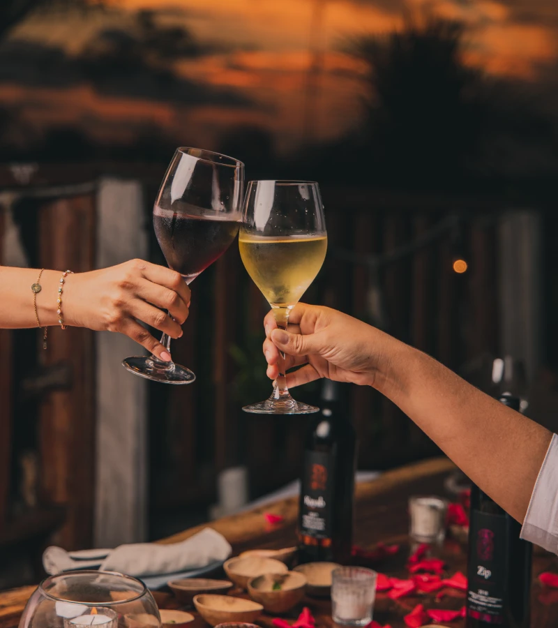 Two people clinking wine glasses at sunset.