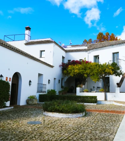 Patio de una casa blanca con jard&iacute;n y cielo azul.