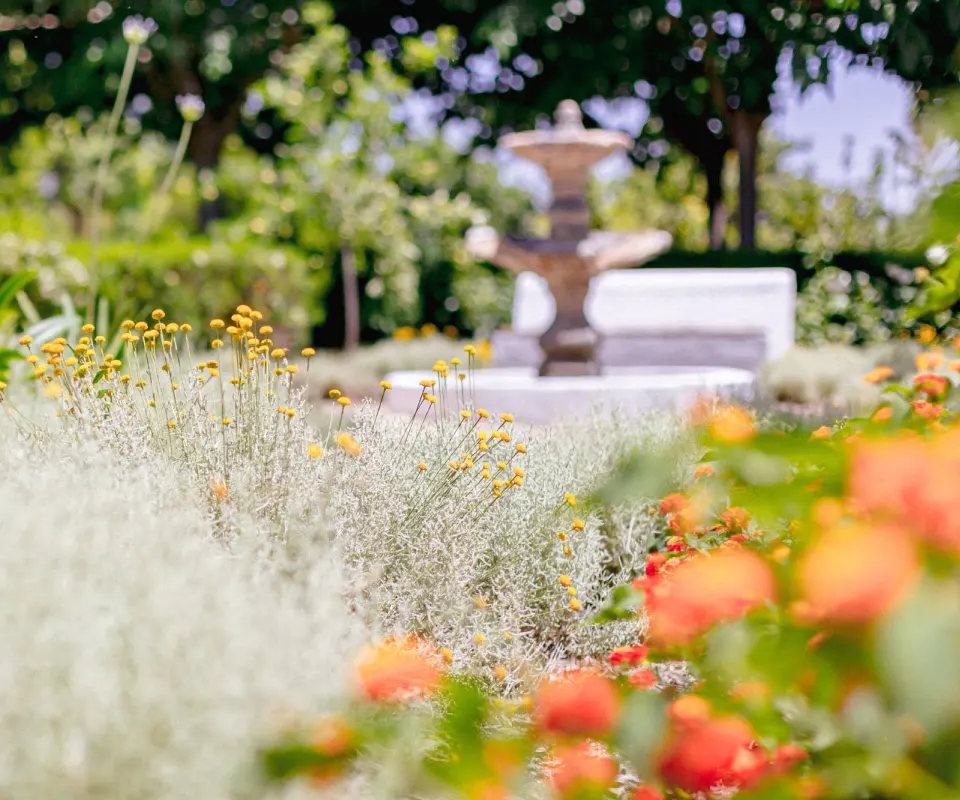 Jard&iacute;n florido con fuente desenfocada al fondo.