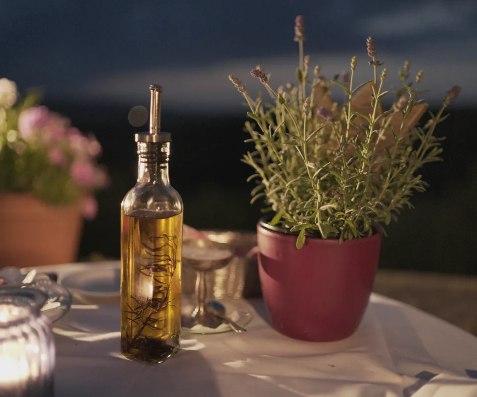 Botella de aceite y planta en maceta sobre mesa, al atardecer.