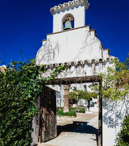 Port&oacute;n de entrada a una casa con campana y muro de plantas trepadoras.