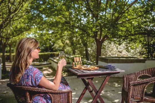 Mujer con copa de vino, sentada en jard&iacute;n, mesa con quesos y lavanda.