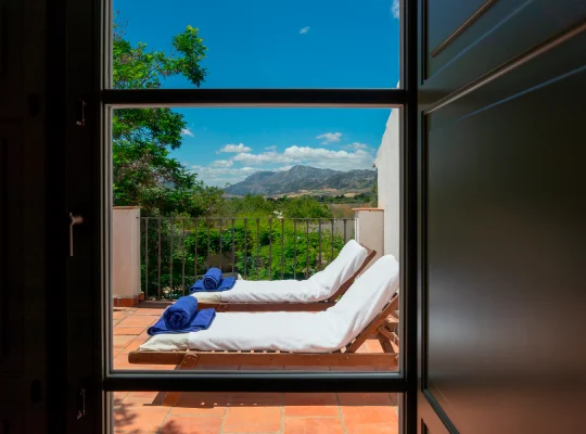Two lounge chairs on a terrace with mountain view through a window.