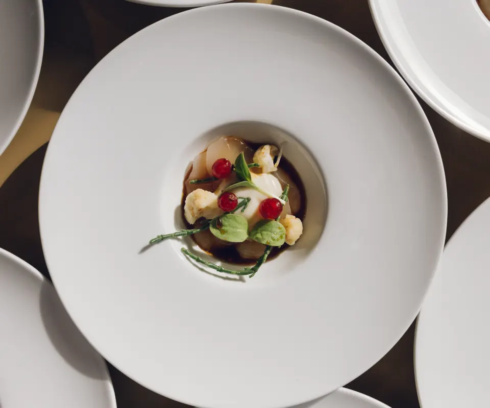 Plato gourmet con decoraci&oacute;n de hierbas y frutas peque&ntilde;as en el centro.