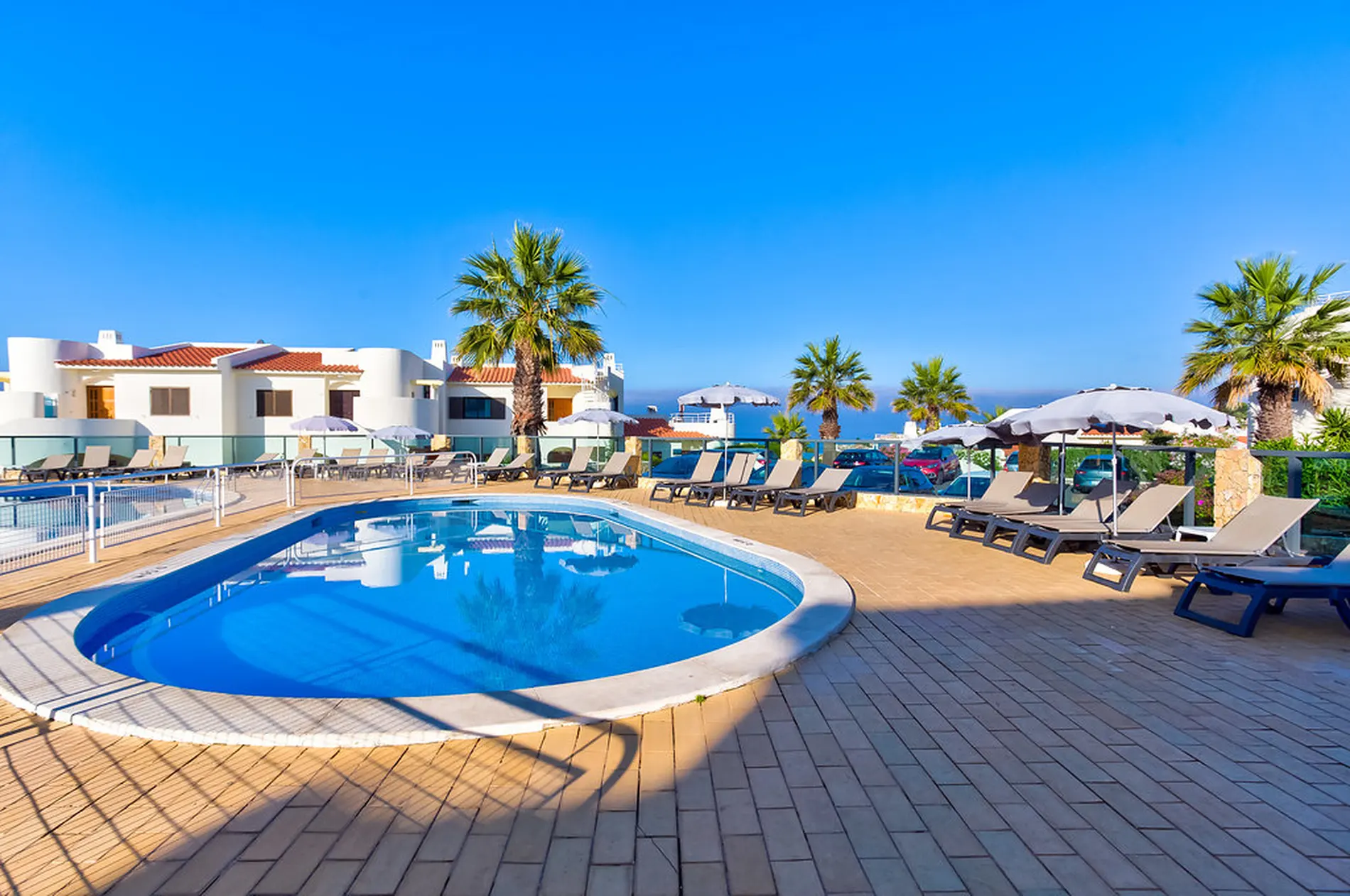 Sunny poolside view with loungers and palm trees under a clear blue sky.