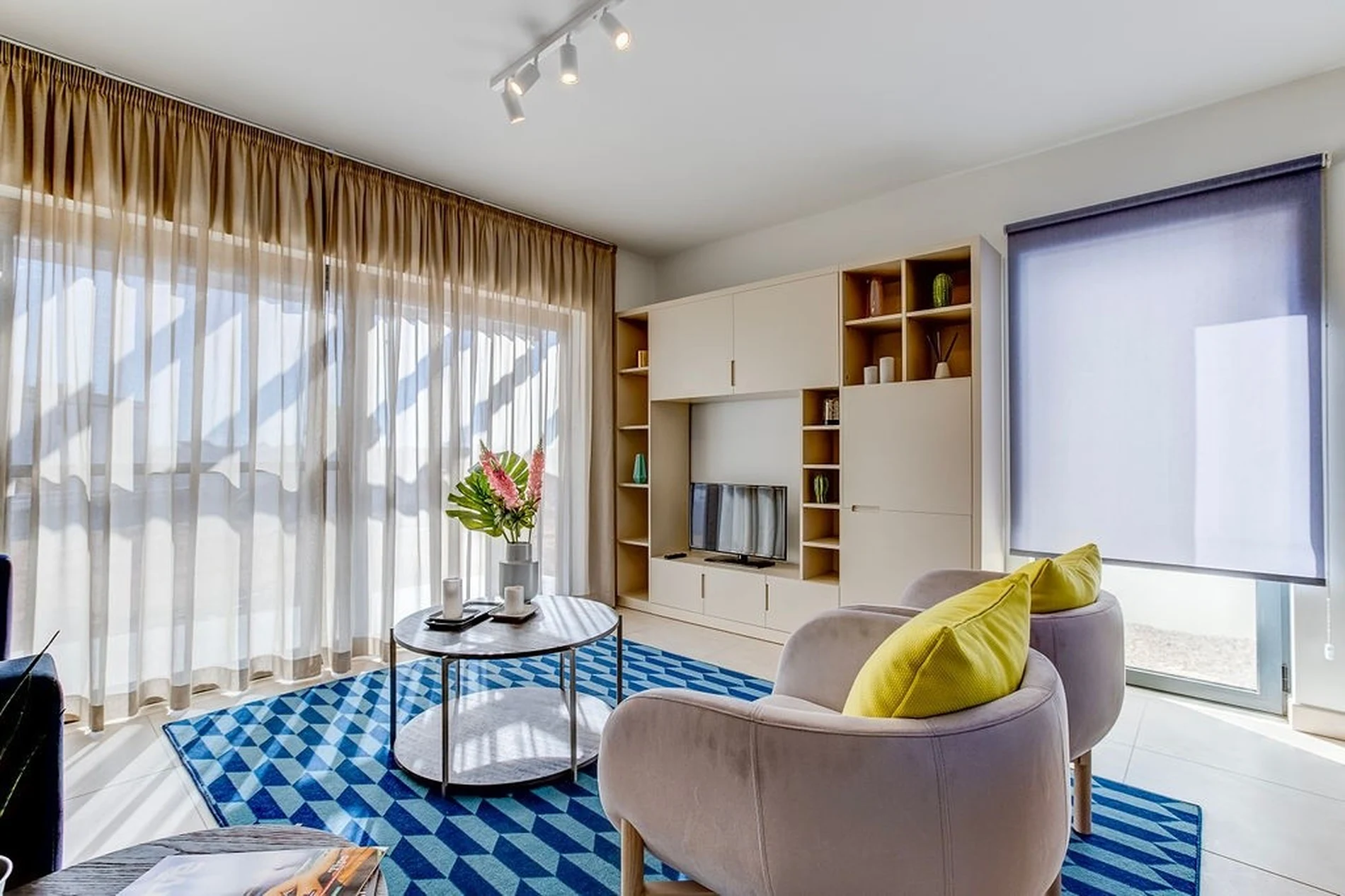 Modern living room with a blue rug, armchairs, and sunlight through curtains.