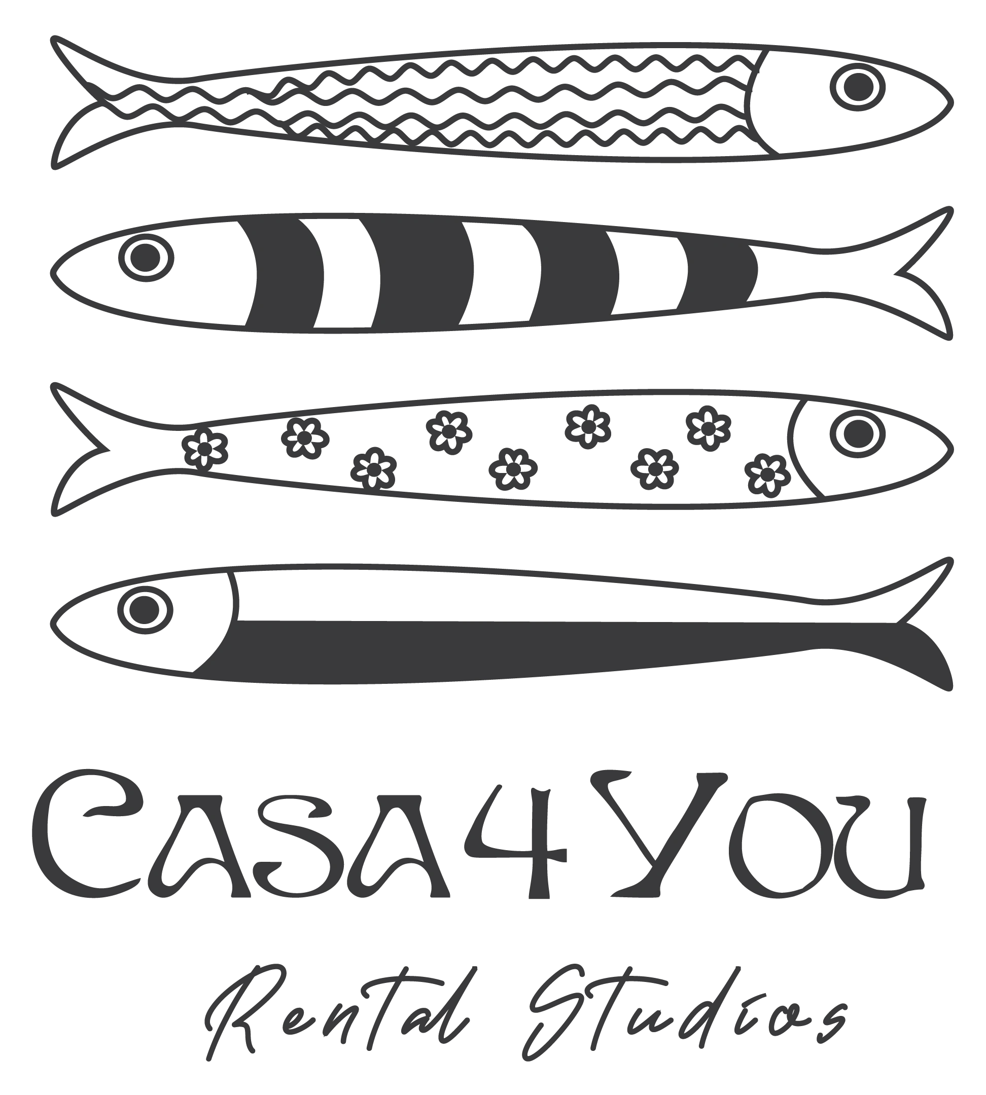 Four fish designs above the text "Casa4You Rental Studios".
