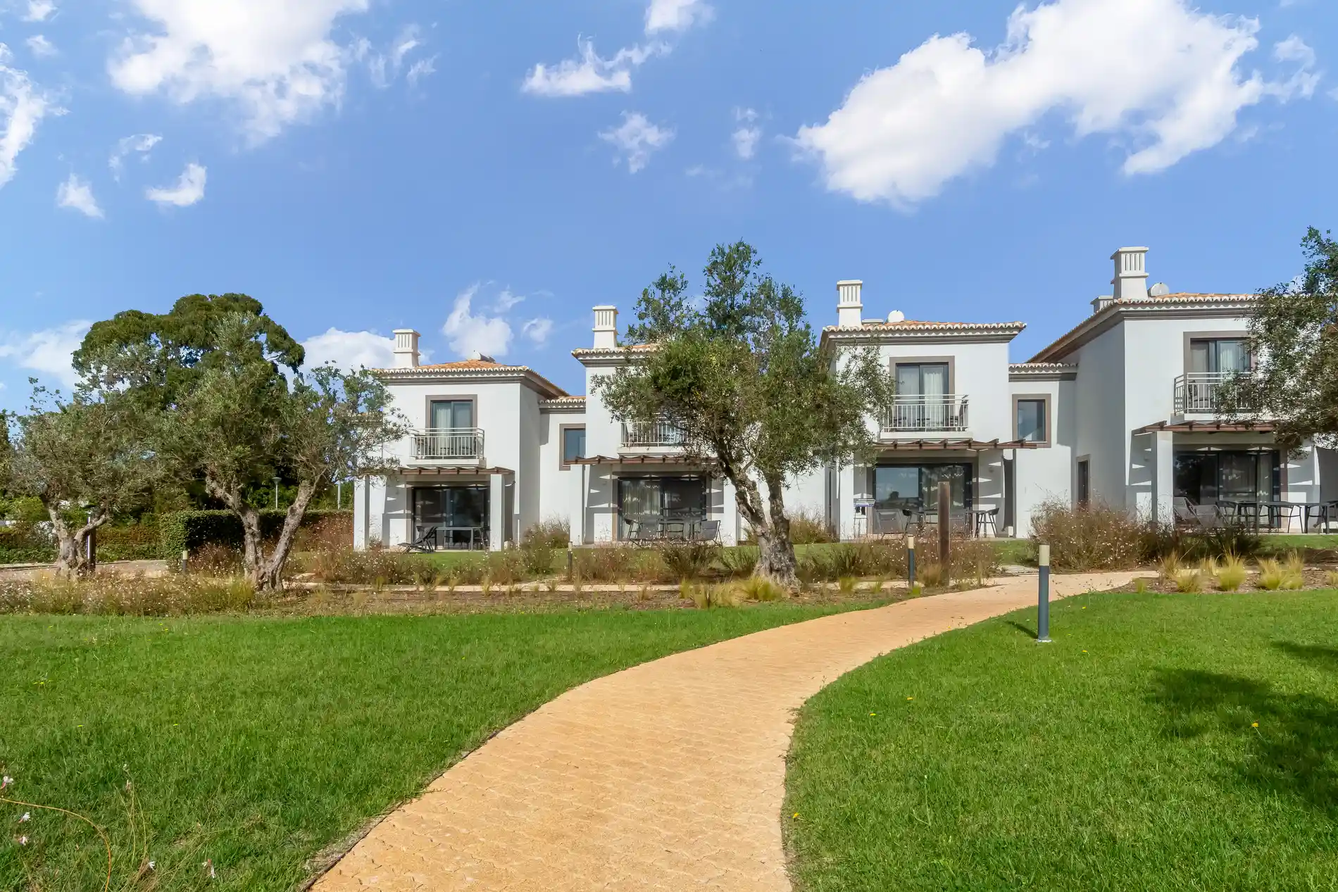 Path leading to modern houses with a clear blue sky.