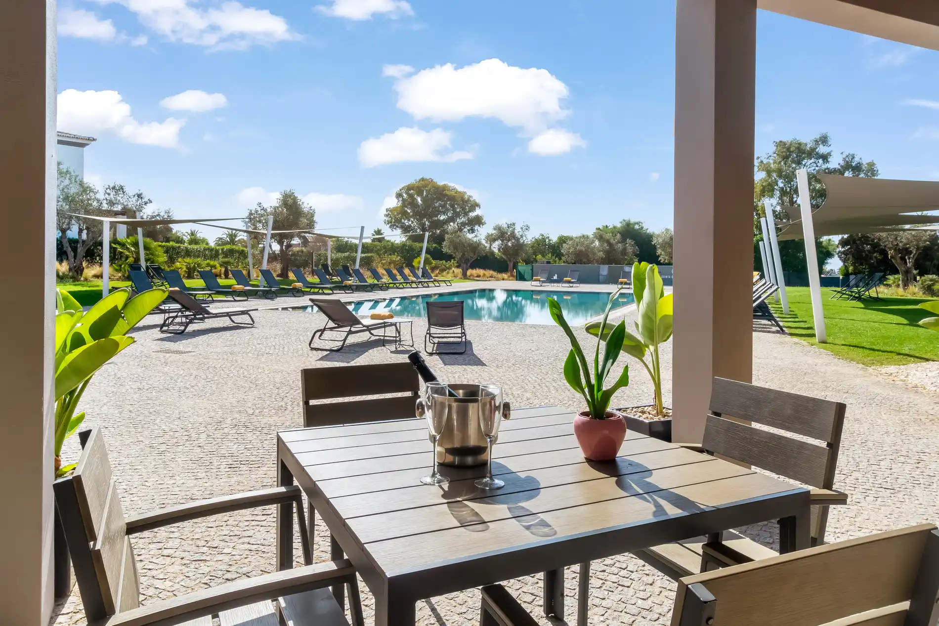 Poolside patio with table, chairs, and plants under a blue sky.