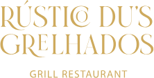 Text: "R&uacute;stico Du's Grelhados Grill Restaurant" in gold letters on a black background.