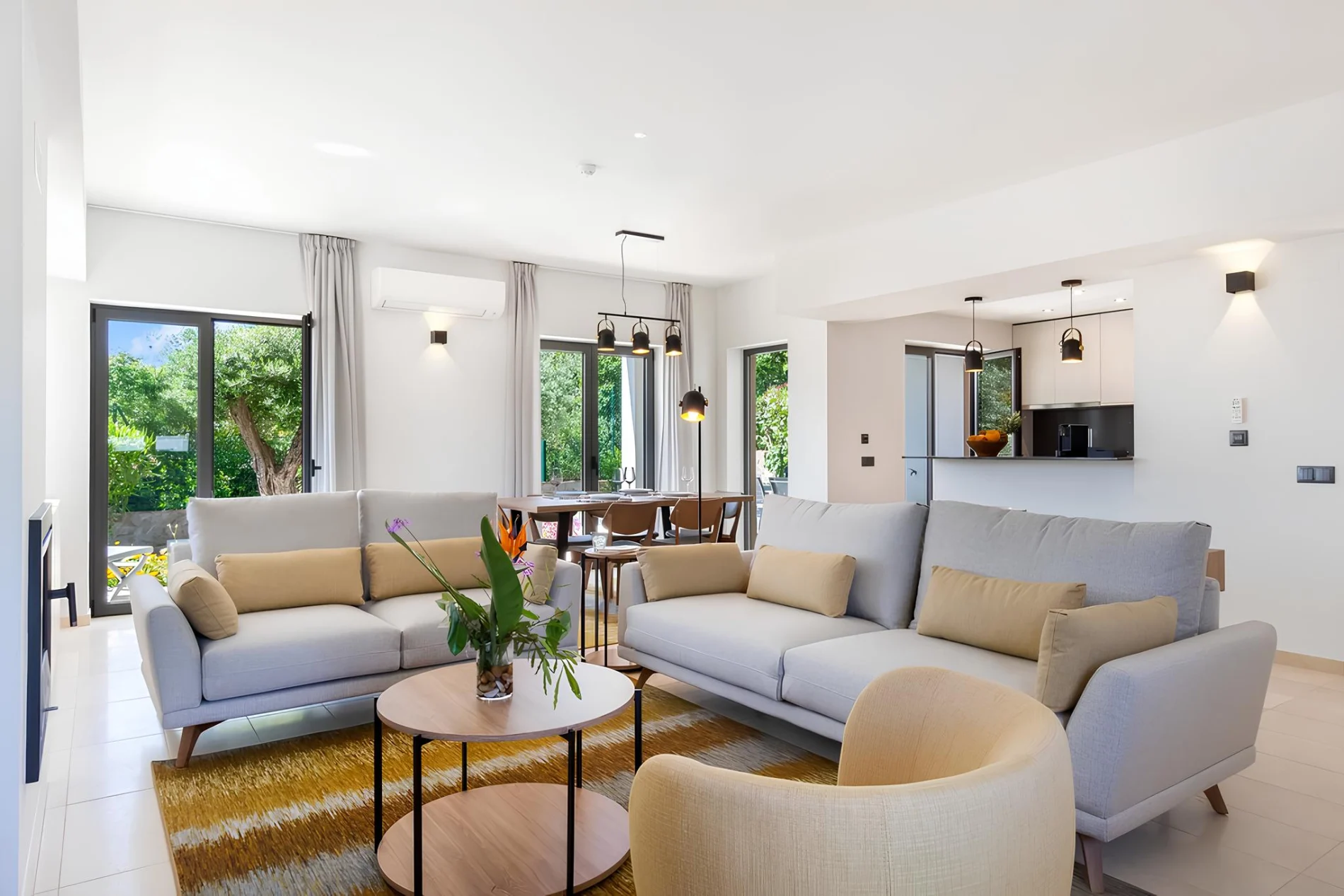 Modern living room with sofas, table, and large windows.
