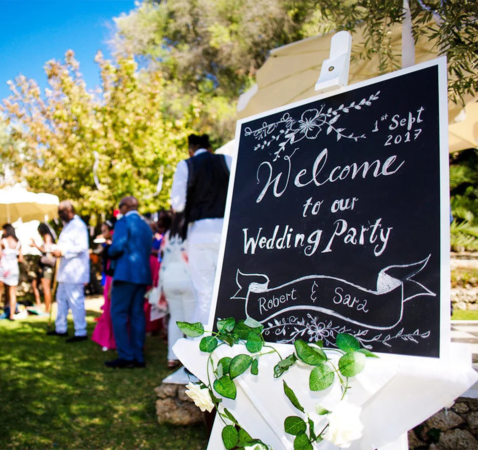 Wedding party sign with outdoor celebration in the background.