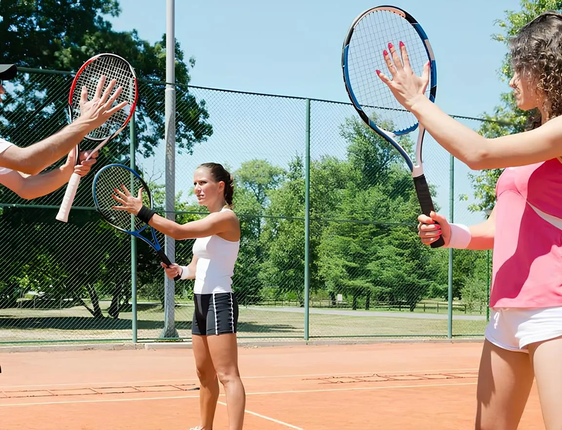 Three people practice tennis on a sunny day with rackets raised.