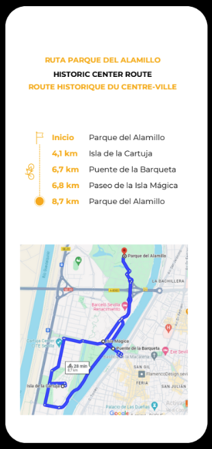 Ruta Parque del Alamillo: histórico center route con puntos e inicio, 4,1 km.