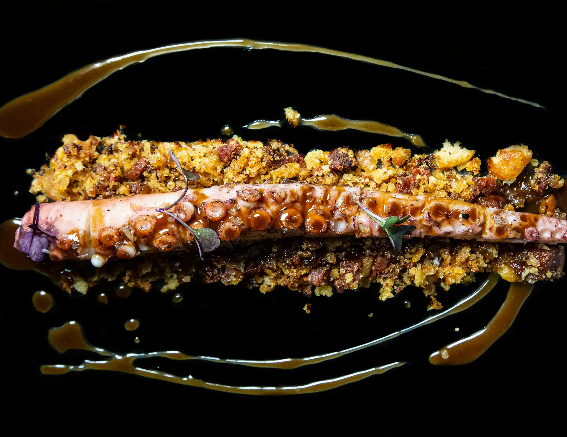 Pulpo sobre una cama de migas y salsa, en un plato negro.