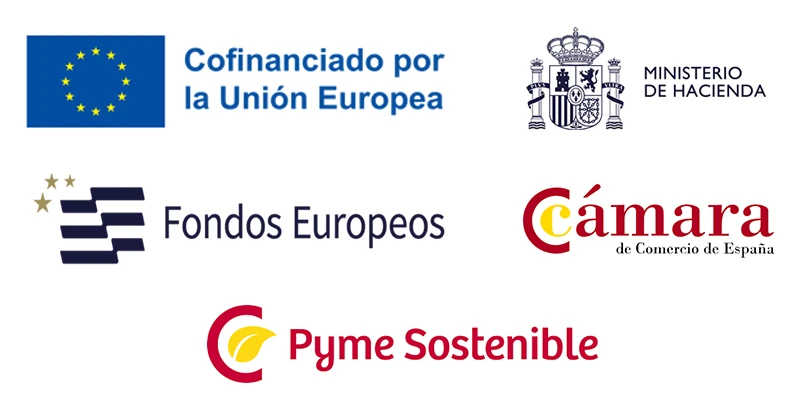 Logos de la UE, Ministerio de Hacienda, Fondos Europeos, C&aacute;mara y Pyme Sostenible.