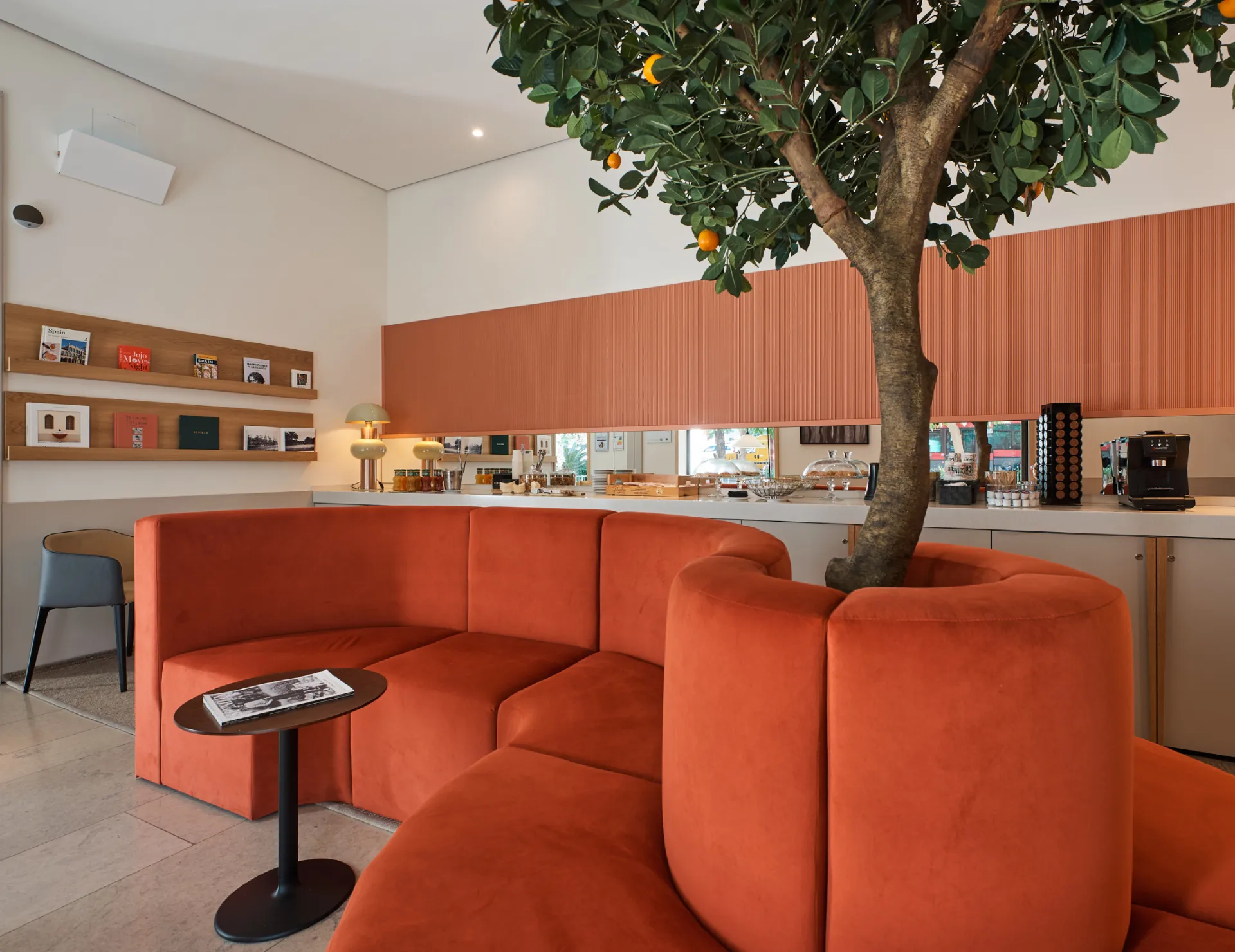 Sala con sof&aacute; naranja, &aacute;rbol interior y estanter&iacute;a con libros en la pared.