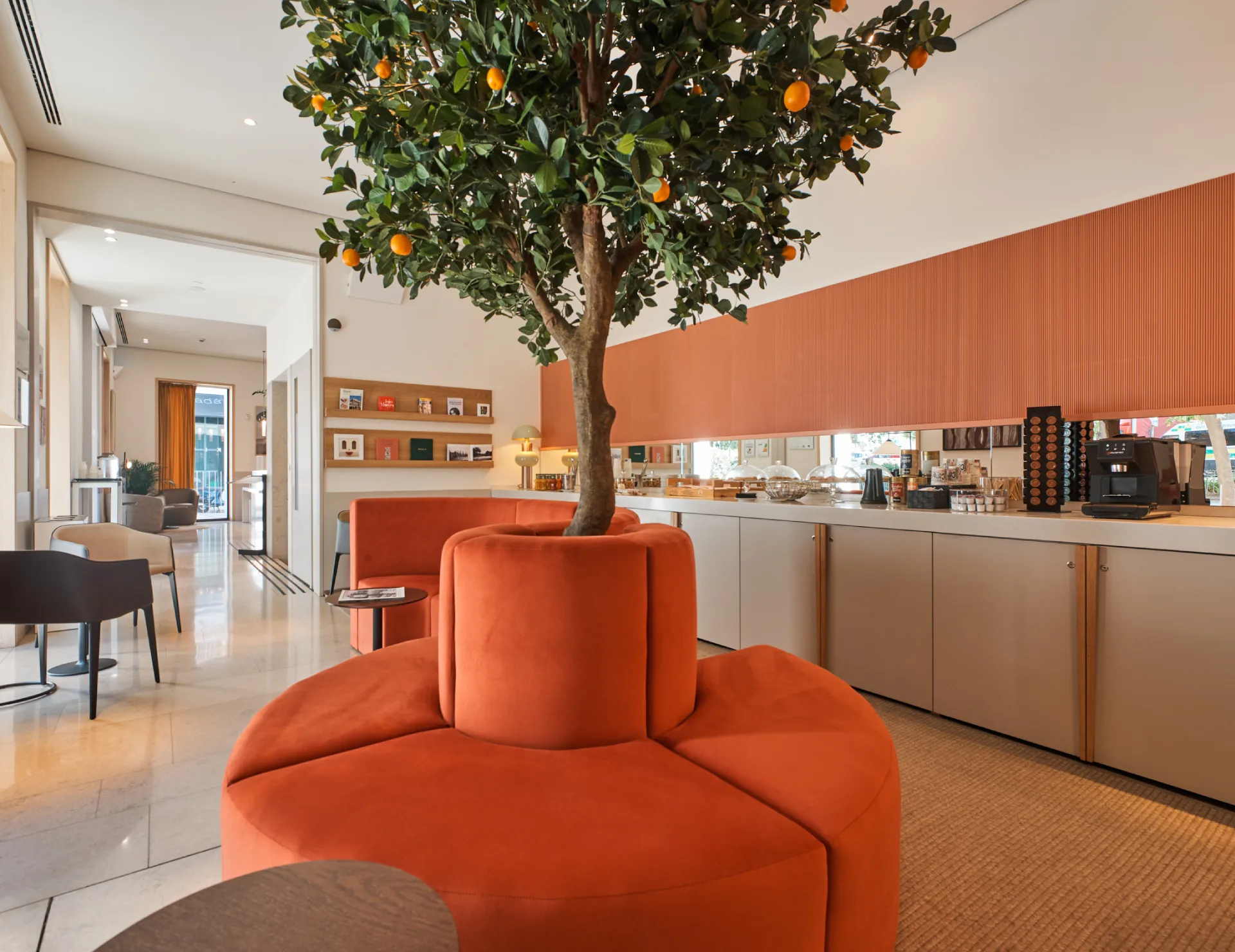 Sala moderna con sof&aacute; naranja y un &aacute;rbol en el centro.
