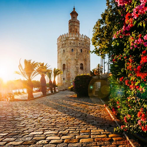 Camino empedrado hacia una torre hist&oacute;rica con flores y palmeras iluminadas.