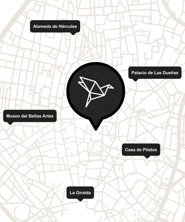 Mapa con puntos de inter&eacute;s: Alameda, Palacio, Museo, Casa, Giralda. Icono central.