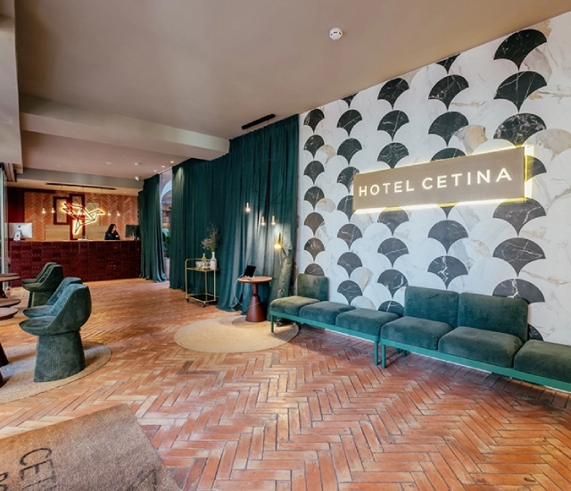 Vest&iacute;bulo del Hotel Cetina con decoraci&oacute;n moderna y mobiliario verde.