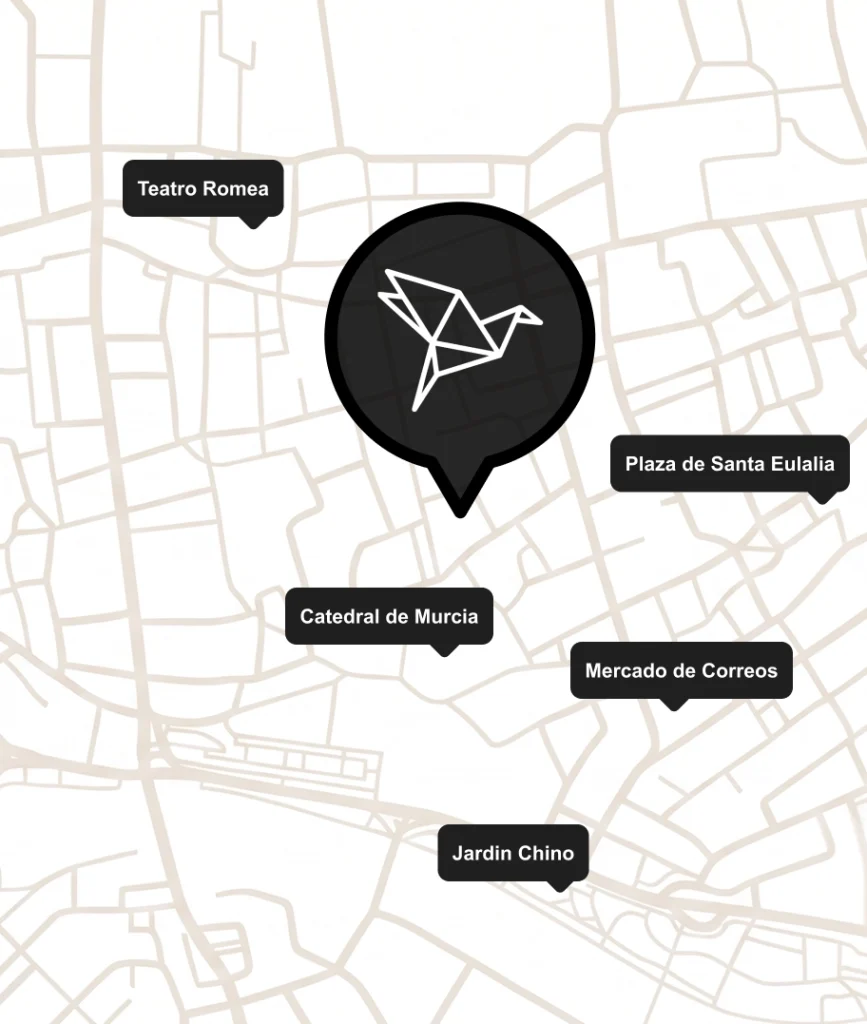 Mapa de Murcia con iconos: Teatro Romea, Plaza Santa Eulalia, Catedral y Mercado
