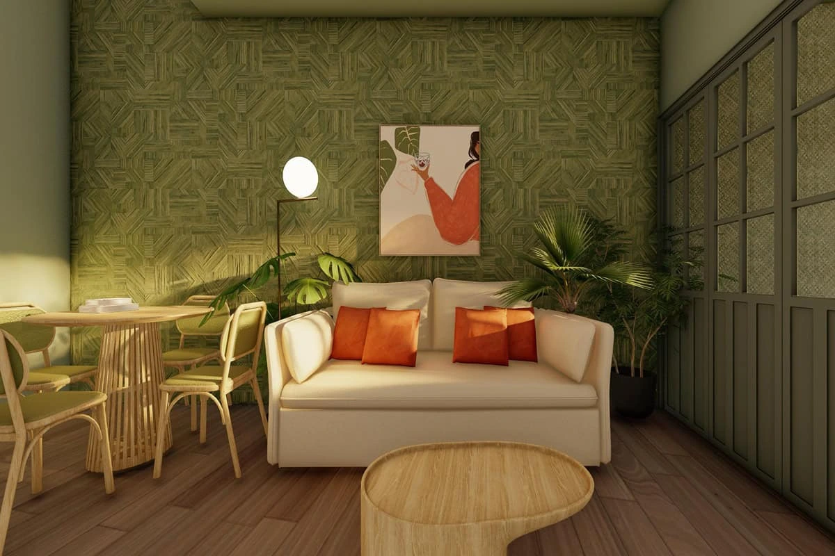 Sala con sofá blanco, cojines naranjas y plantas decorativas.