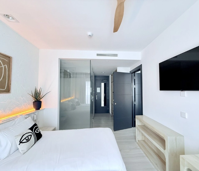 Habitaci&oacute;n moderna con cama, TV, planta y puertas de cristal y madera.